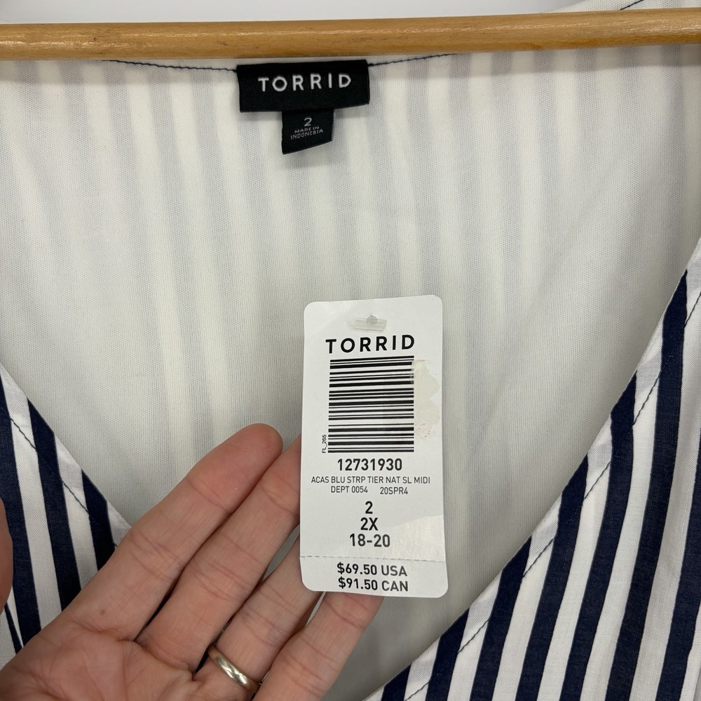 Torrid Tiered MIDI Dress 2X Navy White Stripe Challis Tie Summer Nautical Staple - Picture 9 of 15